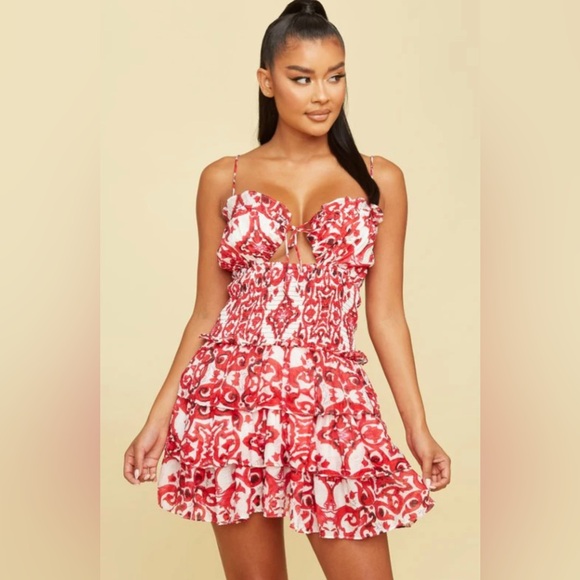Luxxel Red and White Smocked Bodice Layered Mini Dress - Picture 9 of 9